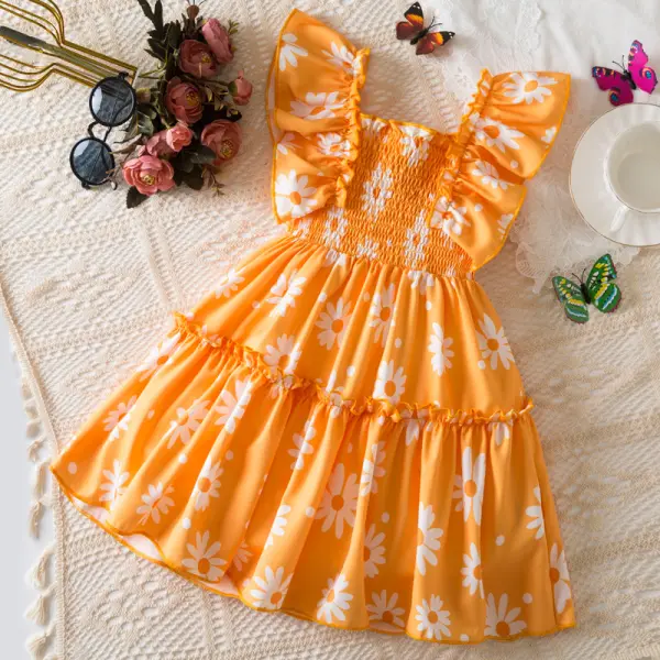 【2Y-7Y】Girls Sweet Holiday Orange Floral Ruffle Square Neck Sleeveless Dress - Popopieshop.com 