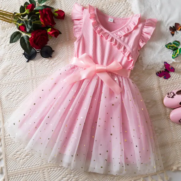 【2Y-7Y】Girls Sweet Ruffled Splicing Layered Tulle V-neck Dress - Popopieshop.com 