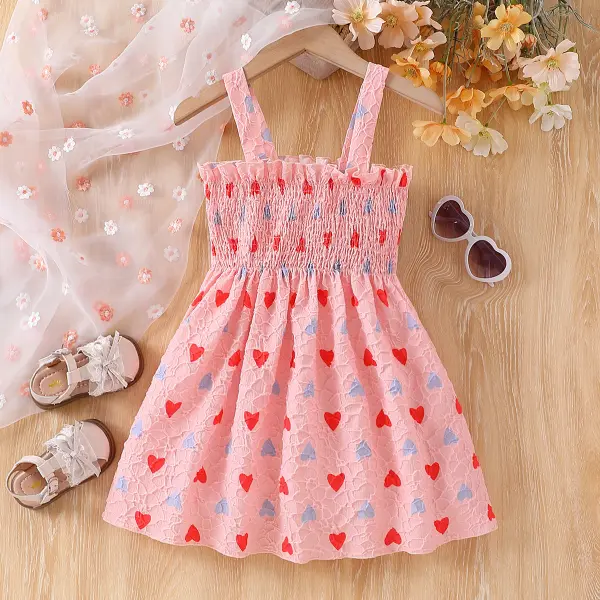 【2Y-7Y】Girls Sweet Pink Heart Print Suspender Dress - Popopieshop.com 
