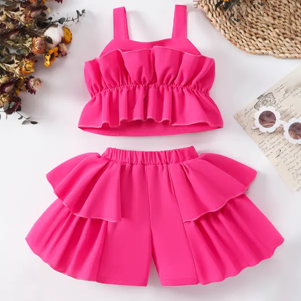【2Y-7Y】2-piece Girls Fashion Solid Color Ruffle Sleeveless Top And Shorts Set - Popopieshop.com 