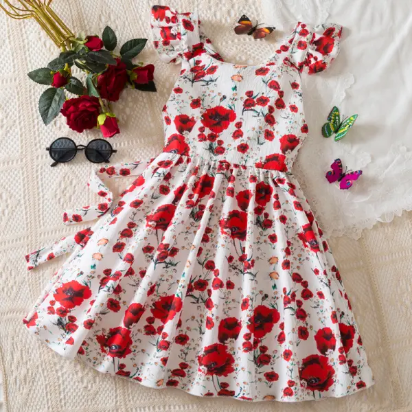 【2Y-7Y】Girls Sweet Holiday Flower Print Ruffle Sleeveless Dress - Popopieshop.com 