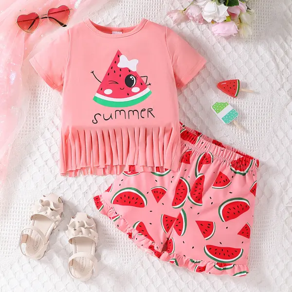 【2Y-7Y】2-piece Girls Sweet Watermelon Print Tassel Short Sleeve T-shirt And Shorts Set - Popopieshop.com 
