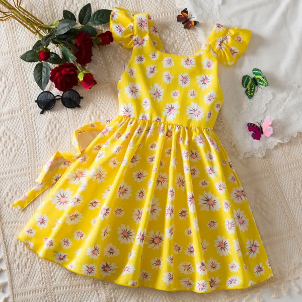 【2Y-7Y】Girls Sweet Yellow Chiffon Floral Ruffle Sleeveless Dress - Popopieshop.com 
