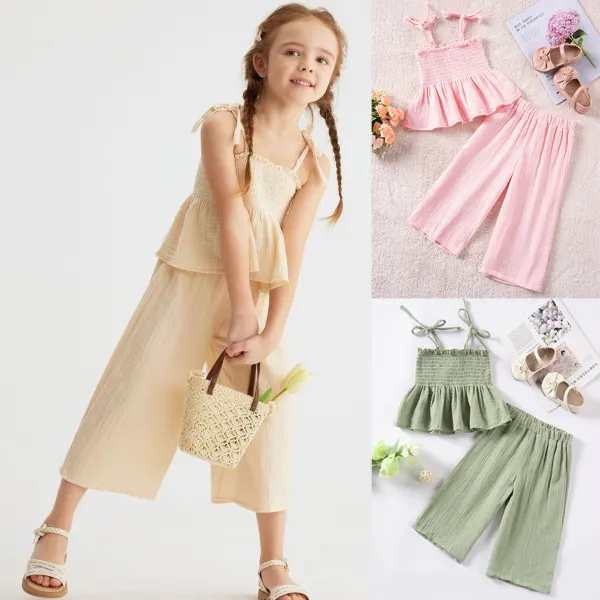 【12M-5Y】2-piece Girls Sweet Solid Color Suspender Top And Pants Set - Popopieshop.com 