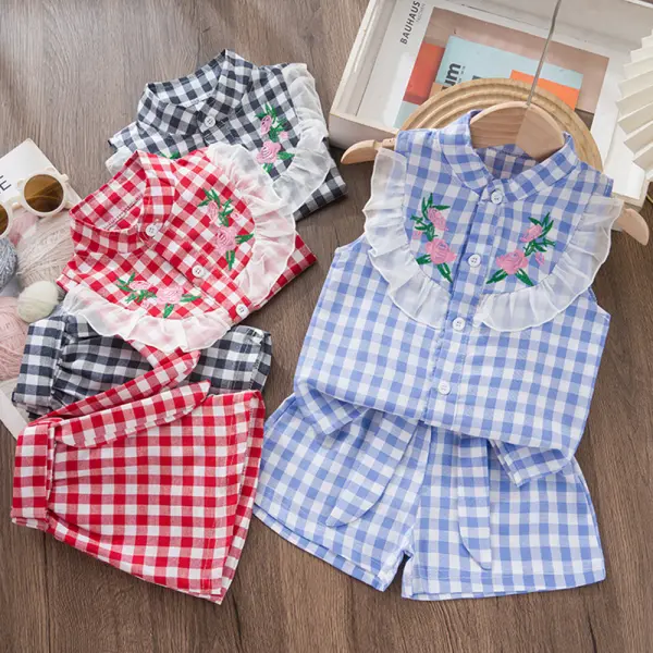 【12M-5Y】2-piece Girls Casual Floral Embroidery Ruffle Plaid Tank Top And Shorts Set - Popopieshop.com 