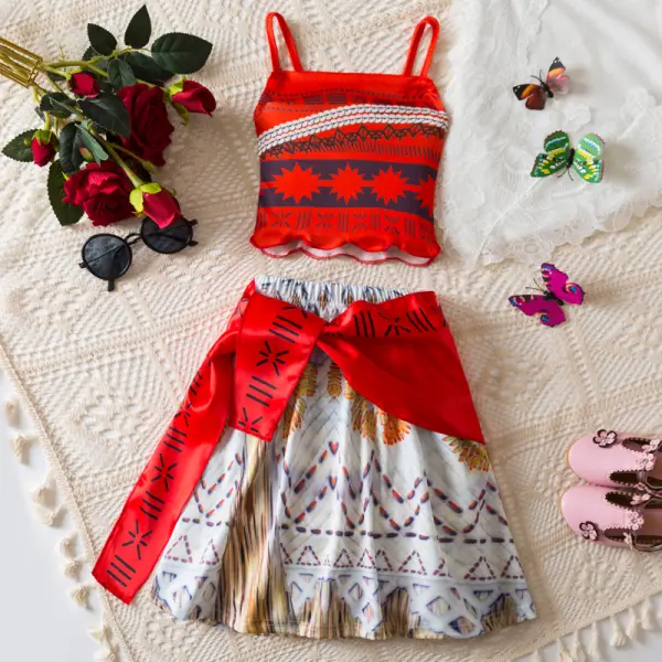 【2Y-8Y】2-piece Girls Cute Moana Style Print Suspender Top And Skirt Set - Popopieshop.com 