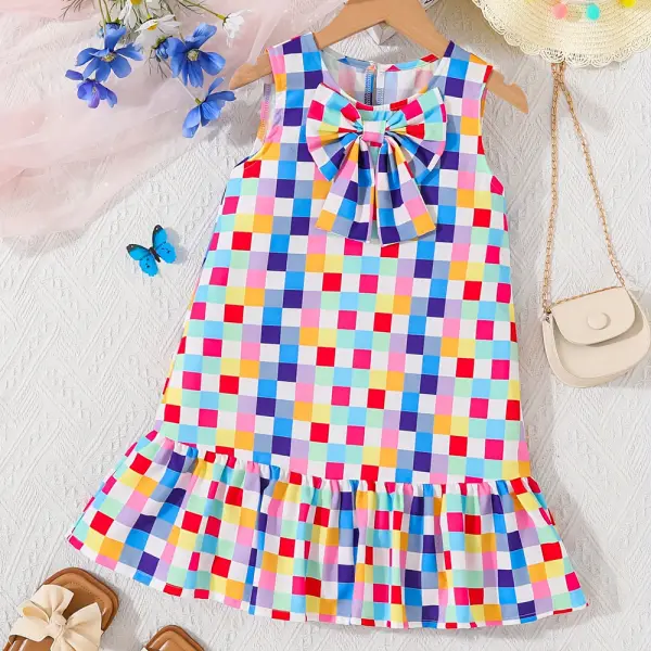 【2Y-8Y】Girls Colorful Plaid Printed Bow Sleeveless Dress Only $21.99 - Popopieshop.com 