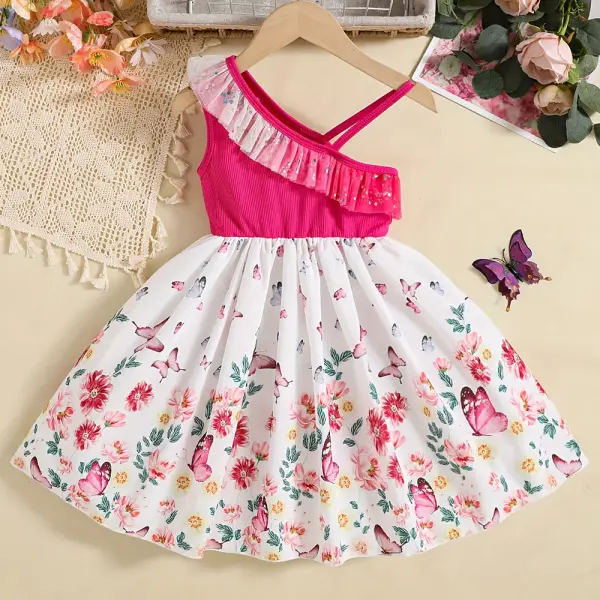 【2Y-8Y】Girls Butterfly Floral Printed Off The Shoulder Dress - Popopieshop.com 