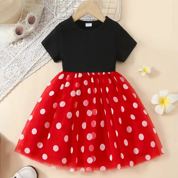 【2Y-7Y】Girls Polka Dot Mesh Short Sleeve Dress - Popopieshop.com 