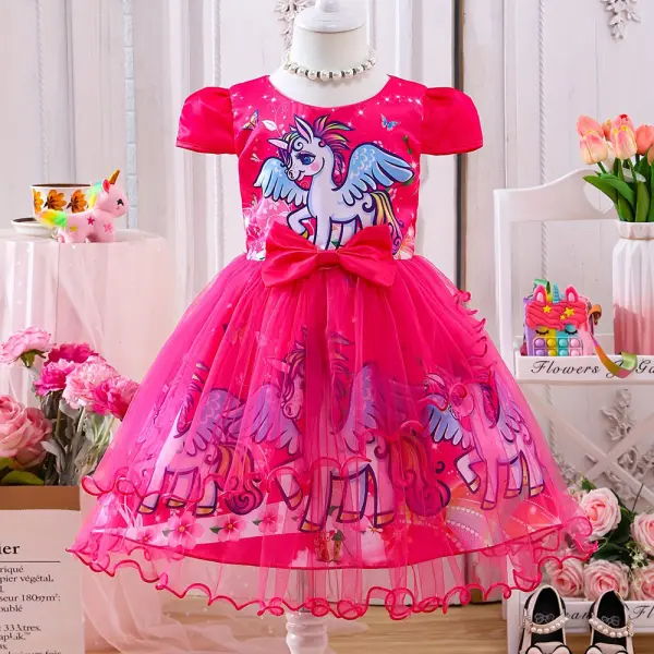 【2Y-7Y】Girls Unicorn Printed Mesh Short Sleeve Princess Dress - Popopieshop.com 