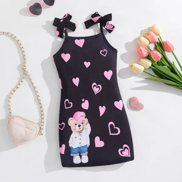 【3Y-10Y】Girls Black Heart Love Bear Print Sling Dress - Popopieshop.com 