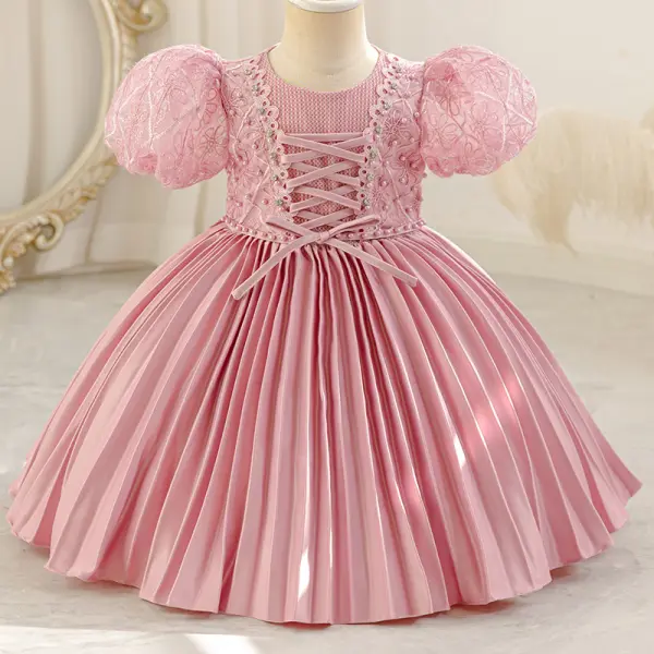 【3Y-12Y】Girls Sweetheart Elegant Beaded And Tie Design Bubble Sleeve Pleated Party Dress Evening Gowns - Popopieshop.com 