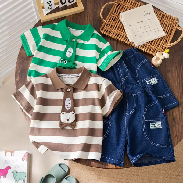 【12M-5Y】2-piece Boys Casual Cotton Striped Short Sleeve Polo And Denim Shorts Set - Popopieshop.com 