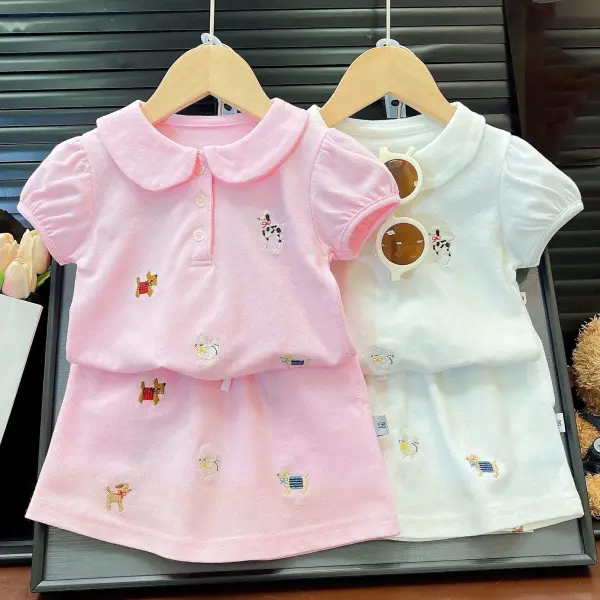 【2Y-8Y】2-piece Girls Sweet Cotton Puppy Embroidery Doll Collar Short Sleeve Top And Skirt Set - Popopieshop.com 