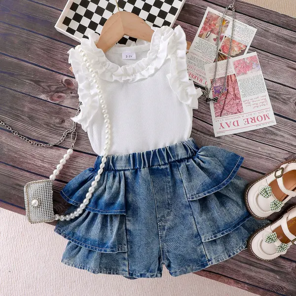 【2Y-7Y】2-piece Girls Sweet White Ruffled Tank Top And Ruffled Denim Shorts Set - Popopieshop.com 
