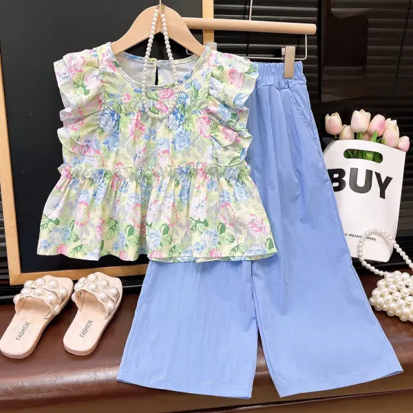 【2Y-8Y】2-piece Girls Sweet Floral Ruffle Sleeveless Top And Wide Leg Pants Set - Popopieshop.com 