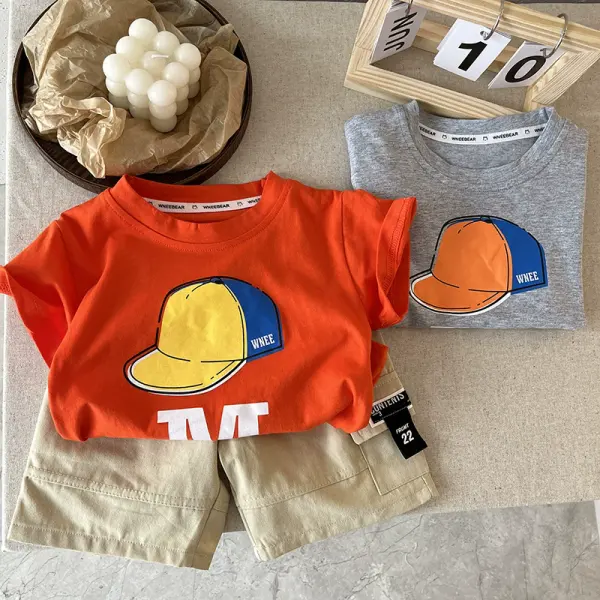 【12M-5Y】2-piece Boys Casual Hat Printed Round Neck Short Sleeve T-shirt And Shorts Set - Popopieshop.com 