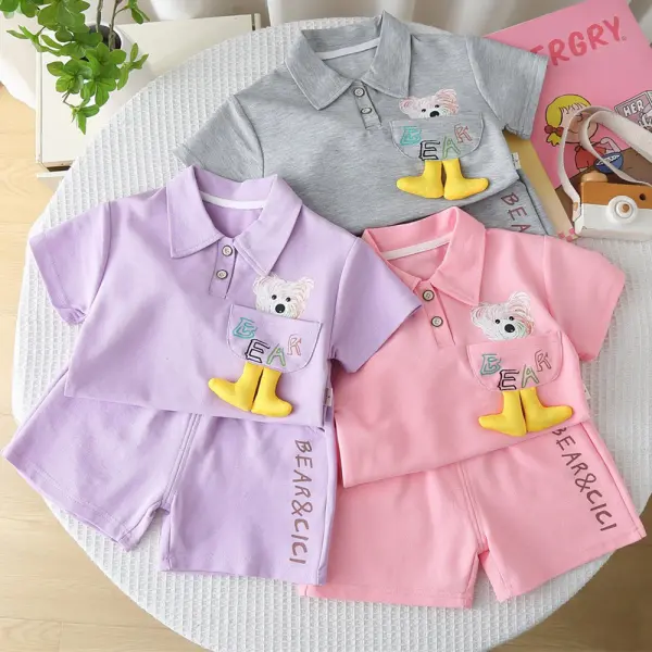 【12M-5Y】2-piece Girls Casual Cotton Bear Pocket Lapel Short Sleeve POLO And Shorts Set - Popopieshop.com 