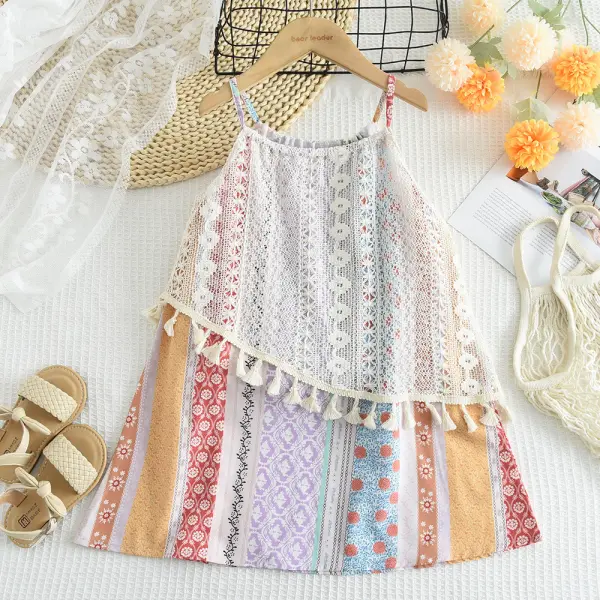【2Y-7Y】Girls Sweet Geometric Floral Print Lace Suspender Dress - Popopieshop.com 