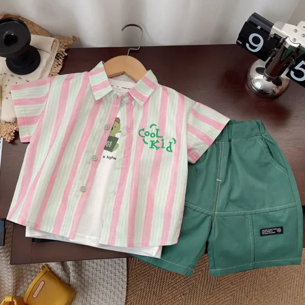 【12M-5Y】2-piece Boys Casual Letter Embroidery Striped Lapel Short Sleeve Shirt And Shorts Set - Popopieshop.com 