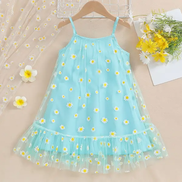 【1Y-8Y】Girls Light Blue Daisy Printed Mesh Sling Dress - Popopieshop.com 