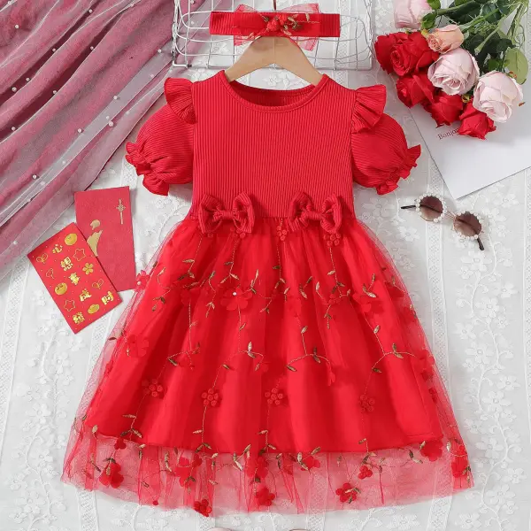 【1Y-8Y】2-piece Girls Red Embroidered Mesh Short Sleeve Dress With Hairband - Popopieshop.com 