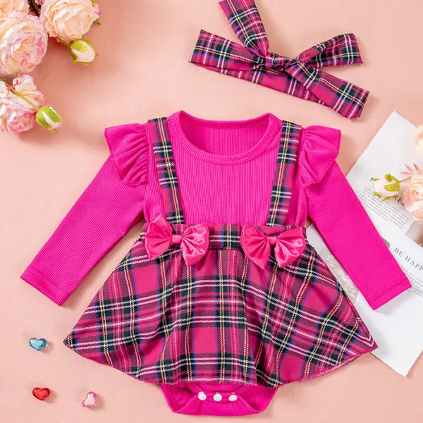 【3M-24M】2-piece Baby Girl Rose Plaid Bow Long Sleeve Romper With Hairband - Popopieshop.com 