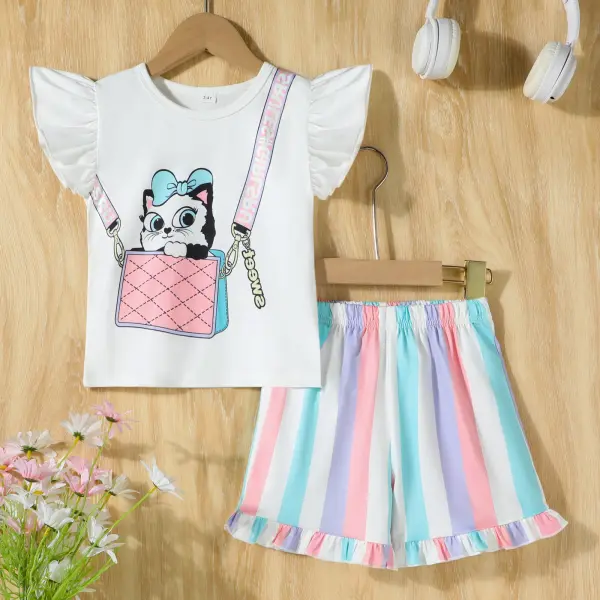 【1Y-8Y】2-piece Girls Cat Print Short Sleeve T-shirt And Striped Shorts Set - Popopieshop.com 