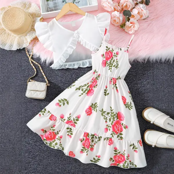 【7Y-12Y】2-piece Girls White Floral Sleeveless Dress And Chiffon Cardigan Set - Popopieshop.com 