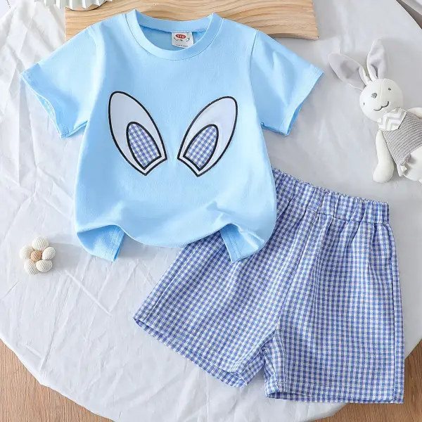 【3Y-8Y】2-piece Girls Light Blue Bunny Short Sleeve T-shirt And Plaid Shorts Set - Popopieshop.com 
