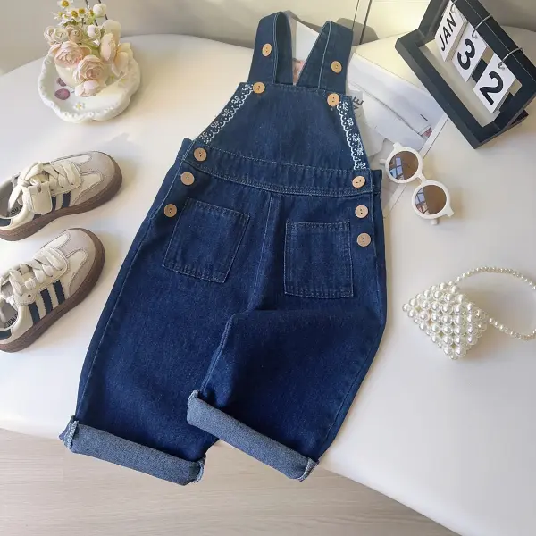 【18M-8Y】Girls Lace Embroidered Denim Overalls - Popopieshop.com 