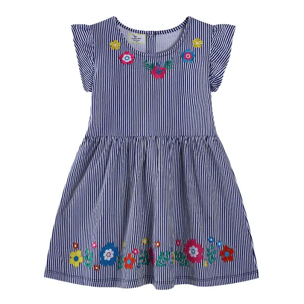 【1Y-7Y】Girls Sweet And Cute Floral Embroidered Blue Striped Ruffle Sleeve Dress - Popopieshop.com 