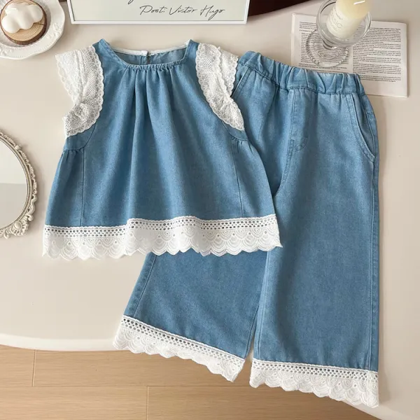【2Y-8Y】2-piece Girls Stylish White Lace Design Blue Denim Top And Pants Set - Popopieshop.com 