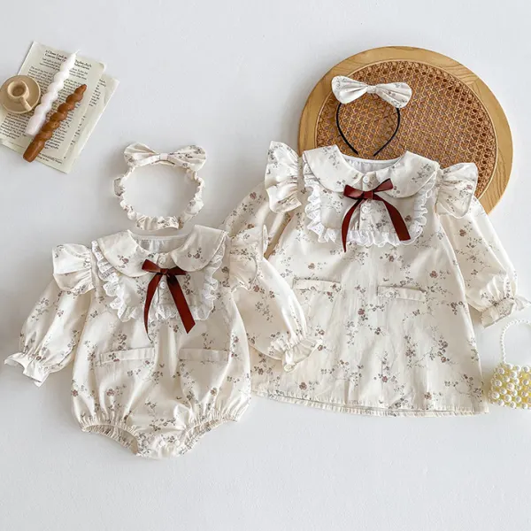【3M-5Y】Floral Printed Beige Dress And Romper Sisters Matching Outfit With Bow Hairband - Popopieshop.com 