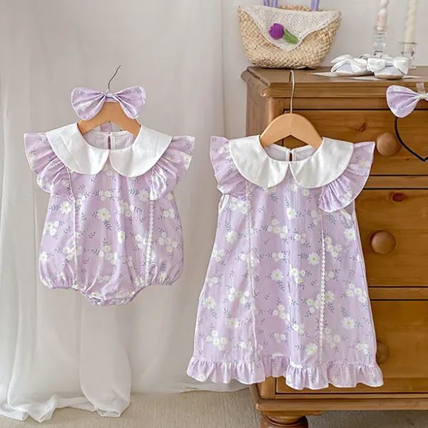 【3M-5Y】Floral Print Purple Dress And Romper Sisters Matching Outfits - Podoasis.com 