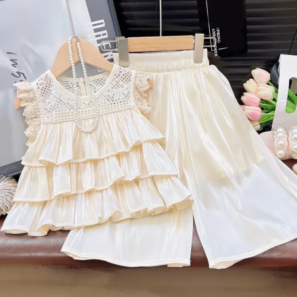 【2Y-8Y】2-piece Girls Elegant Fashion Layered Ruffle Design Beige Sleeveless Top And Loose Pants Set - Popopieshop.com 