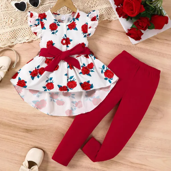 【3Y-7Y】2-piece Girls Sweet And Stylish Floral Print White Blouse And Red Leggings Set - Popopieshop.com 
