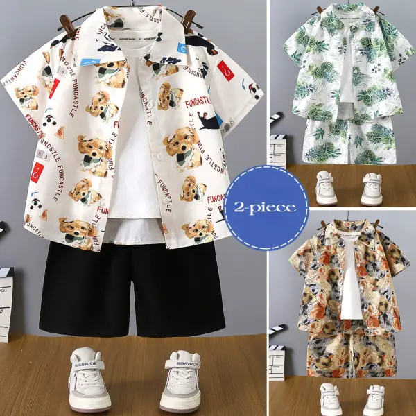 【12M-8Y】2-piece Boys Casual Multicolor Cartoon Print Short Sleeve Shirt And Shorts Set - Popopieshop.com 