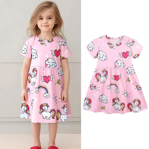 【2Y-8Y】Girls Cute Pink Cloud Unicorn Print Short Sleeve Dress - Popopieshop.com 