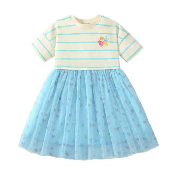 【18M-7Y】Girls Sweet Striped Printed Splicing Heart Shaped Mesh Short Sleeve Dress Only $21.99 - Popopieshop.com 