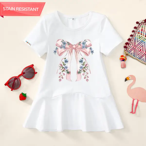 【18M-9Y】Girl Stain Resistant Cartoon Bowknot Print Short-sleeved Dress - Popopie.com 