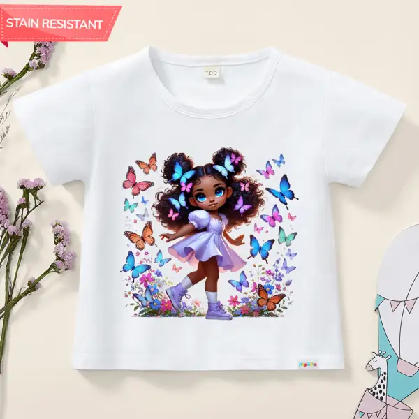 【12M-9Y】Girl Cotton Stain Resistant Butterfly Beautiful Girl Print Short Sleeve T-shirt - Popopieshop.com 