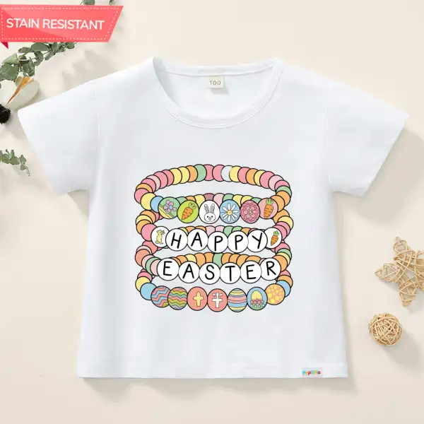 【12M-9Y】Girl Cotton Stain Resistant Easter Cartoon Bracelet Print Short Sleeve T-shirt - Popopie.com 