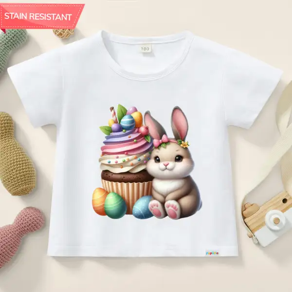 【12M-9Y】Girl Cotton Stain Resistant Easter Cake Rabbit Print Short Sleeve T-Shirt - Popopieshop.com 