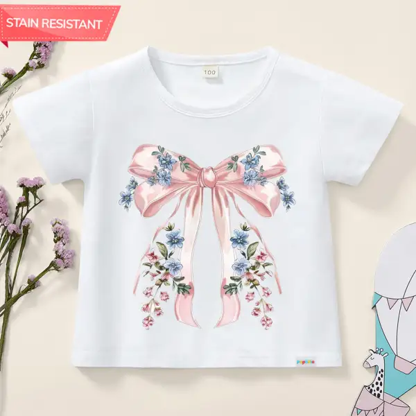 【12M-9Y】Girl Cotton Stain Resistant Floral Bowknot Print Short Sleeve T-shirt - Popopieshop.com 