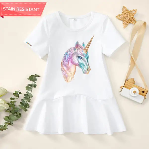 【18M-9Y】Girl Stain Resistant Cartoon Unicorn Print Short-sleeved Dress - Popopieshop.com 