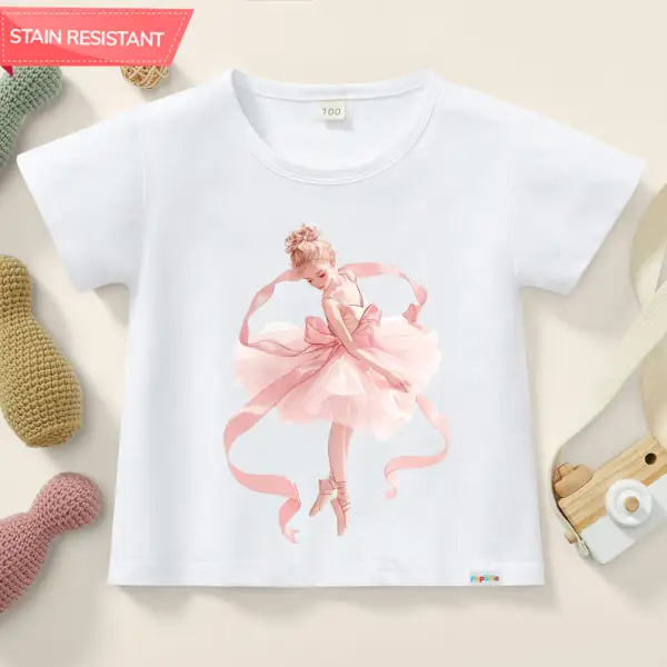 【12M-9Y】Girl Cotton Stain Resistant Ballet Girl Print Short Sleeve T-shirt - Popopieshop.com 