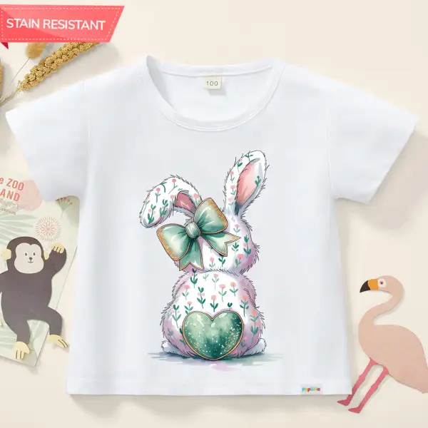 【12M-9Y】Girl Cotton Stain Resistant Easter Rabbit Print Short Sleeve T-shirt - Popopie.com 
