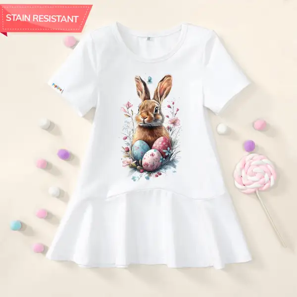【18M-9Y】Girl Stain Resistant Cute Easter Bunny Print Short-sleeved Dress - Popopieshop.com 