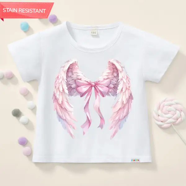 【12M-9Y】Girl Cotton Stain Resistant Angel Wings Print Short Sleeve T-shirt - Popopieshop.com 